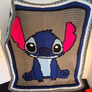 Lilo & stitch Handmade Crochet Stitch Blanket - Blue, Pink & Gray 30” x 25”